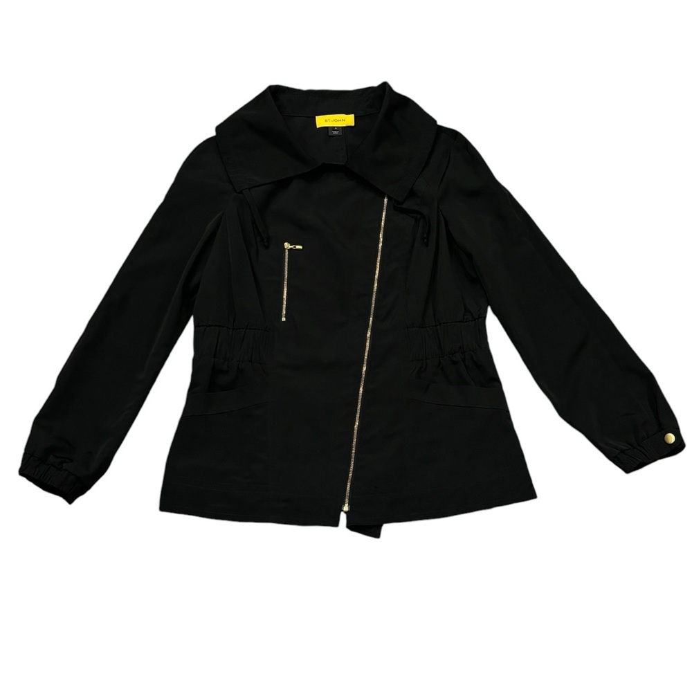 ST. JOHN Size Medium Jacket Black Full Zip Elastic Waist Lightweight Women
